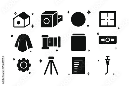 Early Camera Icons. Early Cameras. Solid icons set of Early Cameras: camera obscura, sliding box camera, lens cap, ground glass, dark cloth, brass lens, plate