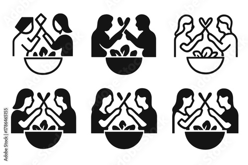 Cooking Couple Logos. Couples cooking together in the kitchen. Set Logo of couples cooking together in the kitchen: couple clinking wooden spoons above salad