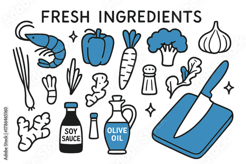 Fresh Ingredient Doodles. // Fresh ingredients. Hand-drawn doodle illustration Fresh ingredients [shrimp (accented), bell pepper (accented), broccoli