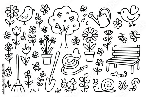 Garden Sketch. Garden. Hand-drawn doodle illustration Garden flowers, trees, birds, butterflies, bees, ladybugs, snails, worms, garden hoses, watering cans,