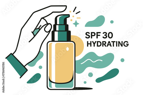 Sleek Foundation Design. Foundation Bottle Design. A sleek glass cylinder with soft shoulders catches light; ?SPF ? Hydrating? floats beside a subtle glow. A