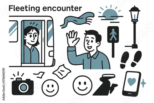 Fleeting Encounter Icons. // Fleeting encounter. Hand-drawn doodle illustration fleeting encounter [eyes meeting (accented), bus door closing, scarf in wind