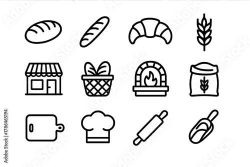Rustic Bakery Icons. Rustic bakery. Line outline icon set of rustic bakery: bread loaf, baguette, croissant,