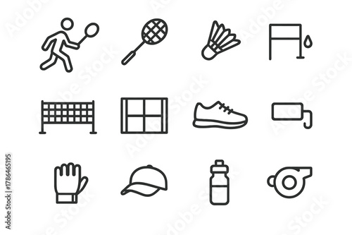 Badminton Icon Set. Badminton match. Line outline icon set of badminton match: player, racket, shuttlecock,