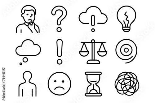 Overcoming Doubt Icons. Overcoming doubt. Line icon set of overcoming doubt: person thinking, question mark, thought bubble, broken light bulb,