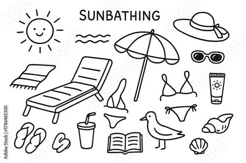 Beach Day Doodles. Sunbathing. Hand-drawn doodle illustration sunbathing lounge chair, towel, umbrella, sunglasses, sunscreen, bikini, sandals, drink cup,