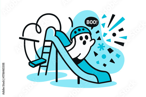 Playful Slide Surprise. Playground Slide Surprise. A helmet pops from the slide mouth with a whisper ?boo!?; swings behind trace smooth arcs. Confetti shapes