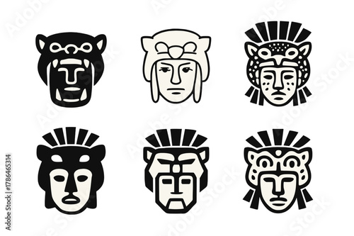 Aztec Mask Logos. ceremonial masks. Set Logo of ceremonial masks: Aztec jaguar warrior mask. Icon set. harmonious logo variations of the same emblematic