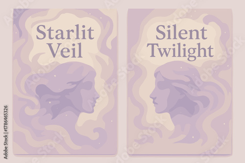 Starlit Veil, Silent Twilight. Cosmic Veil. Two vertical A6 banners with safe margins, centered composition, no elements touching edges, pastel, lavender and