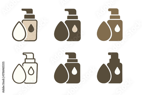 Foundation Logo Variations. Beauty blender and foundation. Set Logo of liquid foundation: pump bottle with flowing drop. Icon set. harmonious logo variations