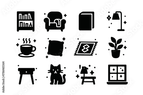 Cozy Reading Essentials. Book Lover?s Spot. Solid icons set of Book Lover?s Spot: bookshelf, armchair, book, lamp, blanket, coffee cup, cushion, rug, plant,