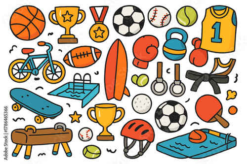 Colorful Sports Doodle. Sports, Colorful Hand-drawn doodle Children illustration Layered fashion soccer balls, basketballs, footballs, tennis balls, baseballs,