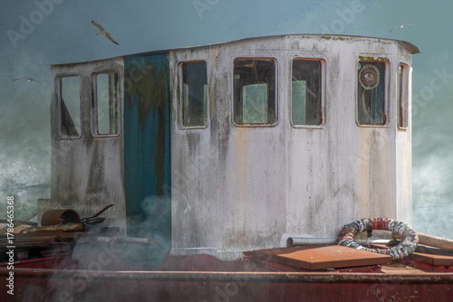 Abandoned Tugboat Cabin Structure Rusted and Weathered Surrounded by Sea Smoke