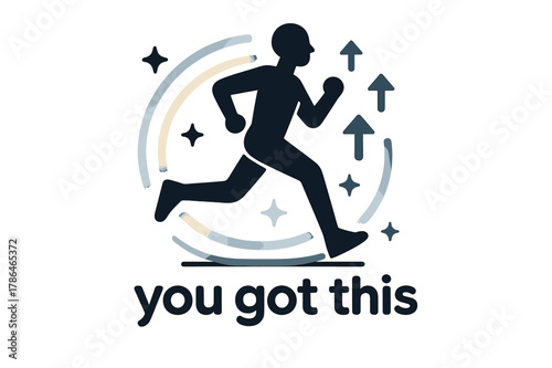 Empowered Runner Vibes. Exercise ? Confidence Boost. Minimal runner silhouette framed by glowing trails; small upward arrows and stars mark progression. Text