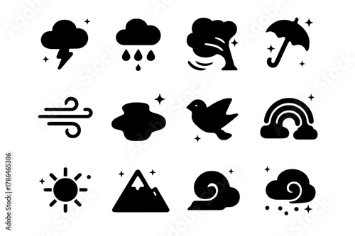 Stormy Weather Icons. Stormy Weather. Solid icons set of Stormy Weather: cloud, lightning bolt, raindrops, wind, tree, umbrella, puddle, bird, rainbow, sun,