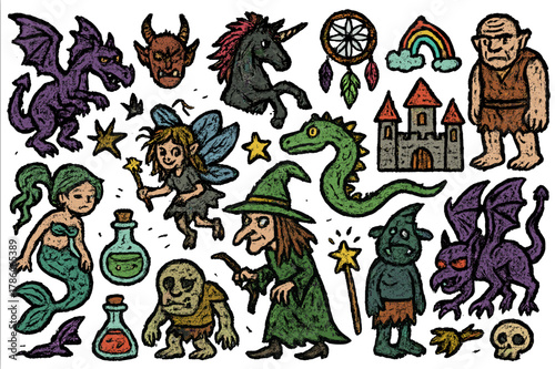Fantasy Creatures Collage. Fantasy, dark, twisted figures. Colorful Hand-drawn doodle Children illustration Fantasy, dark, twisted figures, dragons, unicorns,