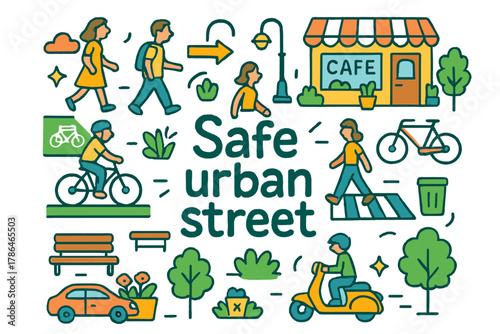 Colorful Urban Safety. Safe urban street. Hand-drawn doodle illustration of safe urban street. Pedestrians,