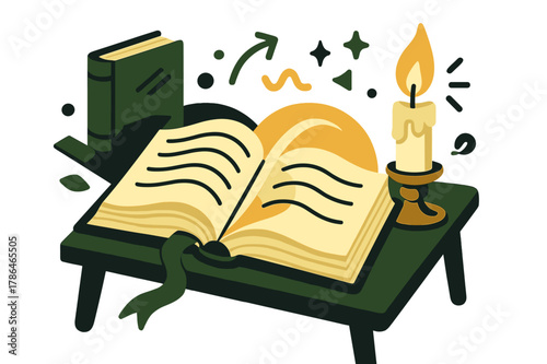 Antique Reading Nook. Antique Books ? Reading Nook. An open book rests on a wooden table; candlelight curves across the pages. A bookmark ribbon flows like a