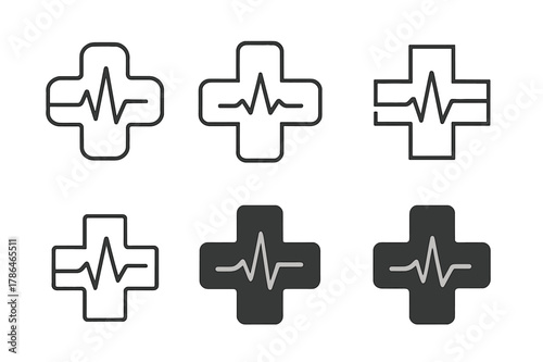 Medical Cross Logos. Medical cross symbol. Set Logo of Medical cross symbol: cross with pulse wave merging through arms. Icon set. harmonious logo variations