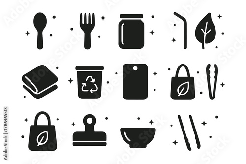 Eco Kitchen Icons. Eco Kitchen Tools. Solid icons set of Eco Kitchen Tools: bamboo spoon, wooden fork, glass jar, reusable straw, cotton towel, compost bin,
