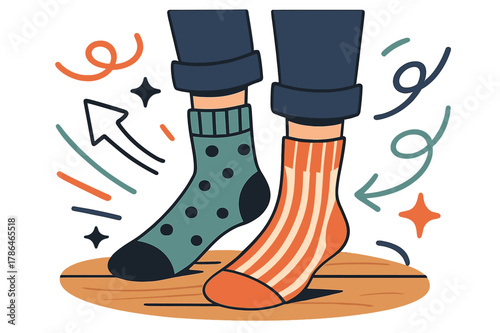 Colorful Mismatched Socks. Socks. Person wearing mismatched colorful socks standing on wooden floor with abstract floating lines, arrows, and sparkles; conveys