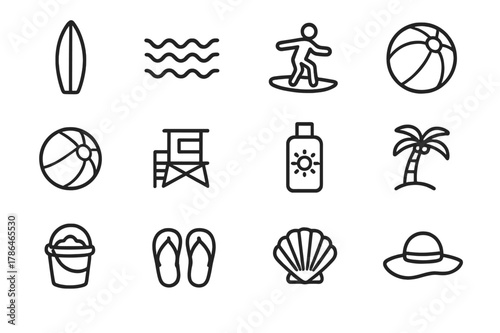 Coastal Fun Icons. Coastal fun. Line icon set of coastal fun: surfboard, waves, surfer, volleyball, beach ball, lifeguard tower, sunscreen bottle, palm tree,