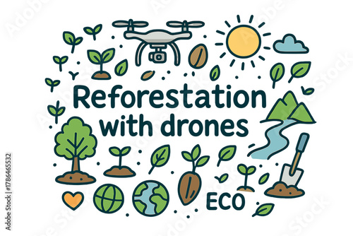 Drones Boost Reforestation. Reforestation with drones. Hand-drawn doodle illustration of reforestation with