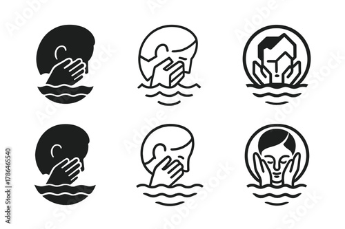Face Washing Logos. Washing your face. Icon set. Set Logo of Washing your face: face in water circle. harmonious logo variations of the same emblematic