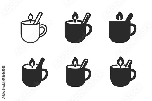 Winter Candle Logos. Winter-themed candle-making party. Icon set. Set Logo of winter candle-making: mug candle with cinnamon stick. harmonious logo variations