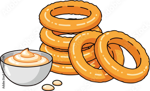 Delicious Stack of Golden Onion Rings with Creamy Dipping Sauce Cartoon Illustration