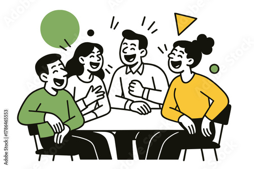 Joyful Office Moment. Laughing in a Group. Colleagues sharing a funny moment around a table with floating abstract geometric shapes, cheerful and engaging