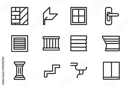 Architectural Icon Set. Architectural Details. Line icon set of Architectural Details: facade texture, corner trim, window frame, door handle, vent cover,
