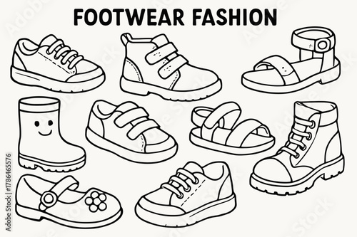 Kids' Shoe Coloring. Footwear fashion children?s coloring book illustration, outlined drawing, cheerful