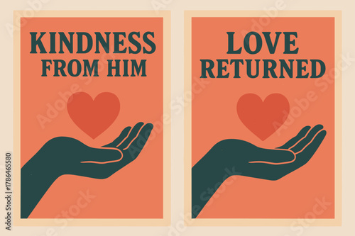 Kindness and Love Banners. Compassion. Two vertical A6 banners with safe margins, centered composition, no elements touching edges, retro, coral and teal, open