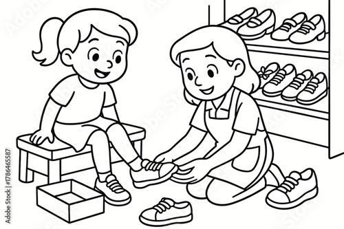Shoe Fitting Fun. Shoe fitting children?s coloring book illustration, outlined drawing, child trying on shoes