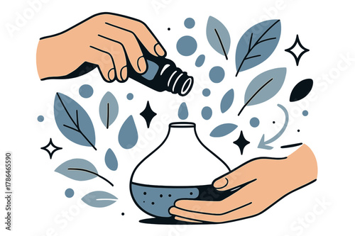 Aromatherapy and Mindfulness. Aromatherapy oils. Hands pouring essential oil into diffuser with abstract floating droplets, leaves, and sparkles; emphasizes