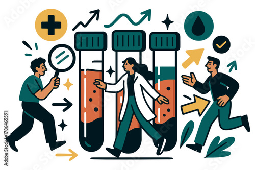 Dynamic Blood Analysis. Blood test. Close-up of blood vials with abstract floating icons, arrows, and sparkles; emphasizes testing, analysis, and diagnostics.