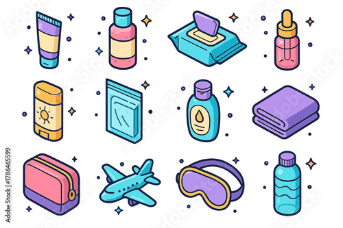 Travel Skincare Essentials. Travel skincare hygiene. Colorful isometric vector icons set of Travel skincare hygiene: mini cleanser tube, travel-sized toner,