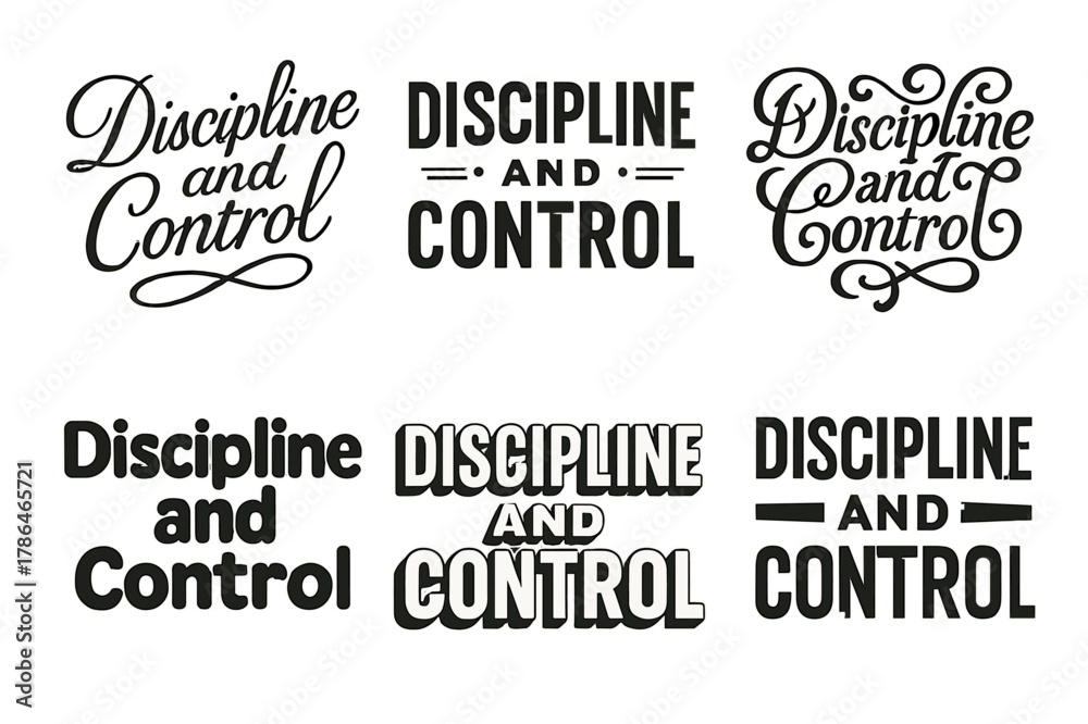 Fototapeta premium Harmonious Lettering Styles. Discipline and Control. Set lettering. harmonious lettering variations of the same emblematic concept, each with different