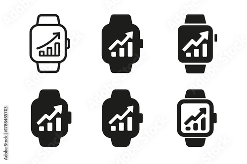 Sports Tracking Logos. Sports performance tracking. Set Logo of Sports performance tracking: smartwatch face with rising chart. harmonious logo variations of