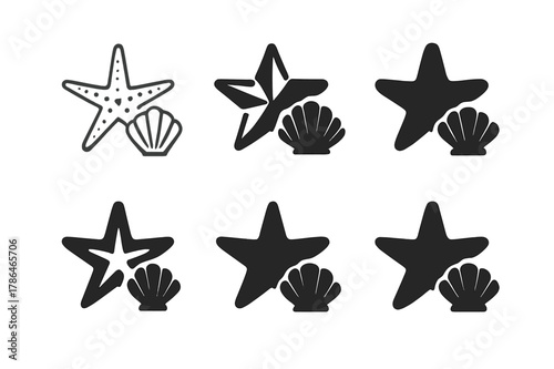 Underwater Logo Grid. Aquatic life and underwater creatures. Set Logo of starfish and seashell pair: Minimal outline, Abstract geometric, Filled silhouette,