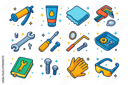 Outdoor Maintenance Icons. outdoor play maintenance. Colorful isometric vector icons set of outdoor play maintenance: grease gun, lubricant tube, microfiber