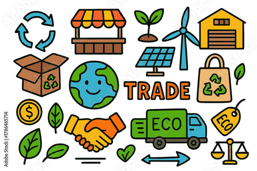 Sustainable Trade Icons. trade in sustainable and ethical products. Colorful Hand-drawn doodle Children illustration trade in sustainable and ethical products