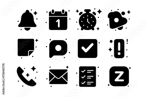 Reminder Icons Grid. Reminder. Solid icons set of Reminder: bell icon, calendar date, alarm clock, stopwatch, sticky note, push notification, checkmark box,