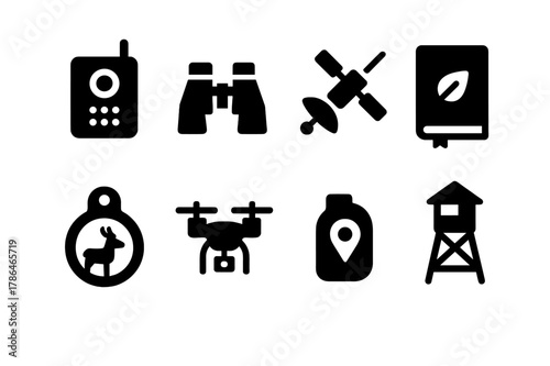 Wildlife Monitoring Icons. Wildlife monitoring. Filled icon set of wildlife monitoring: camera trap,
