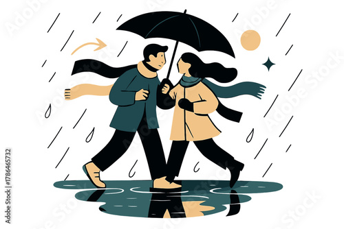 Stylized Rainy Stroll. Couple on a walk. Two silhouettes sharing an umbrella under light rain, reflections
