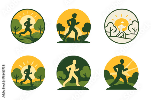 Morning Jogging Icons. A person jogging in the park during the early morning, surrounded by nature. Icon set. Set Logo of a person jogging in the park during