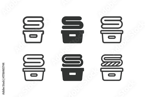 Attic Storage Logos. Reorganizing the attic for more storage. Set Logo of folded fabric and containers: Negative space, Filled silhouette, Minimal outline,