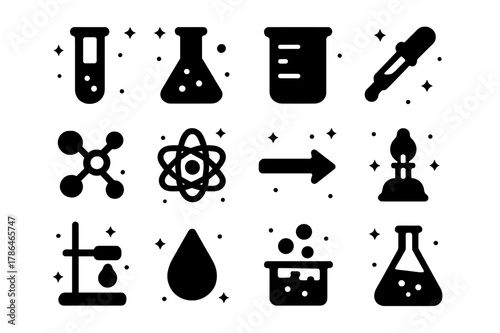 Scientific Icon Set. Laboratory Experiment. Solid icons set of Laboratory Experiment: test tube, flask, beaker, pipette, molecule, atom, reaction arrow, Bunsen