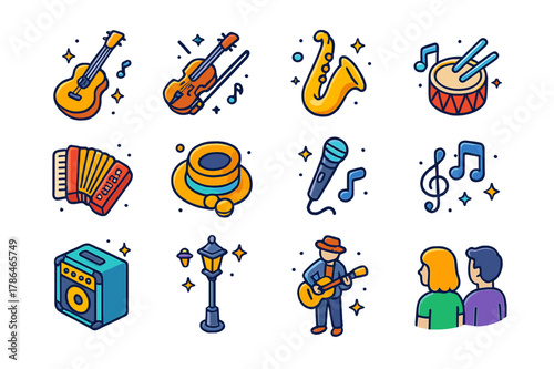 City Music Icons. City musician. Colorful isometric vector icons set of city musician: guitar, violin, saxophone, drum, accordion, hat for tips, microphone,